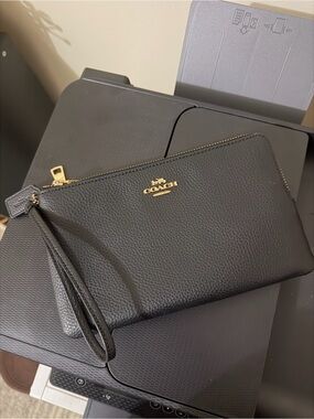 COACH Black Leather Double Zip Wristlet with Gold Logo